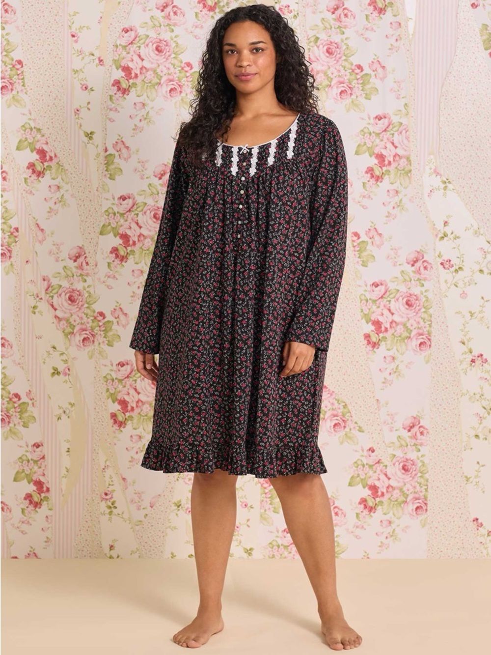 Eileen West Bordeaux Bloom Black Floral Cotton Nightgown 2X